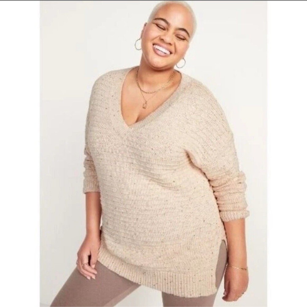 Old‎ Navy Womens Speckled Textured Rib Knit V-Neck Tunic Sweater 2X Beige Cream